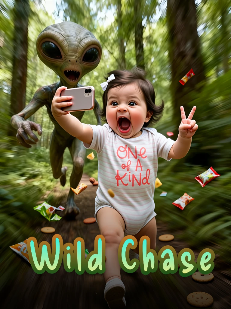 Animal chase selfie template with female character created in Evoke