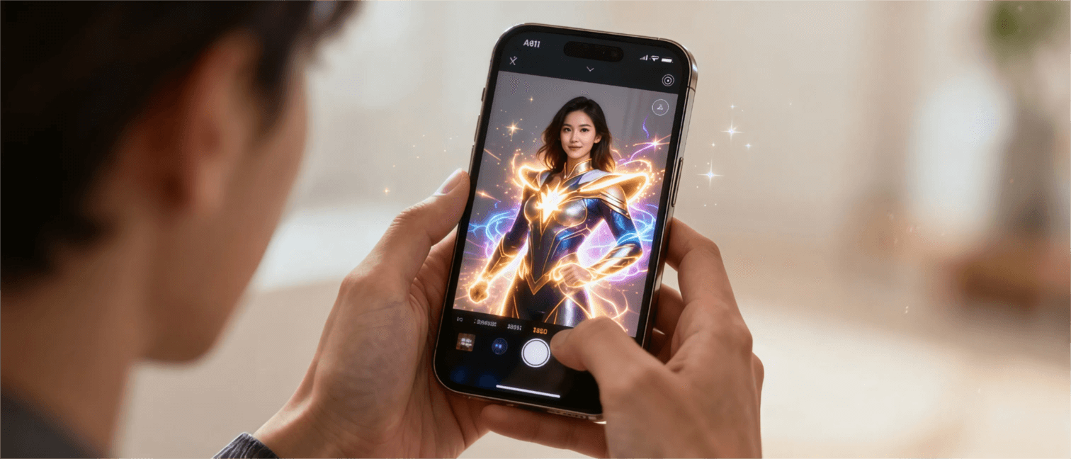 Une illustration montrant une personne tenant un smartphone, où une application d'IA transforme son selfie en un super-héros unique.